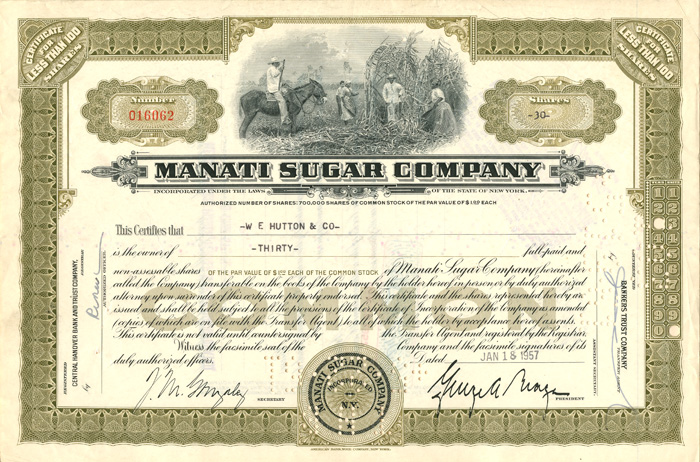 Manati Sugar Co. - 1957 Cuba Stock Certificate